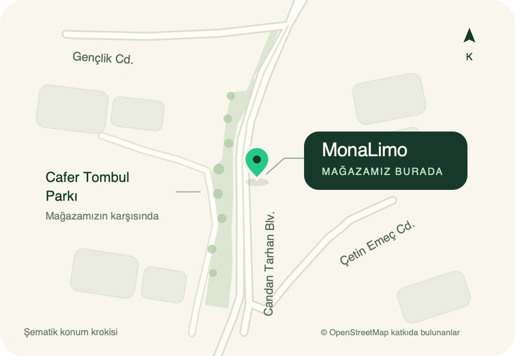 MonaLimo konum krokisi: Candan Tarhan Bulvarı üzerinde, Cafer Tombul Parkı karşısında.