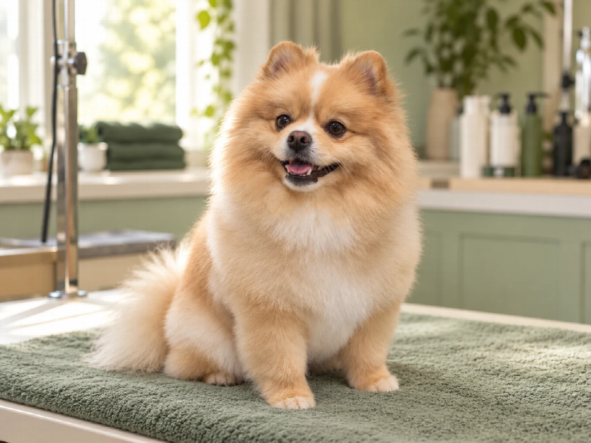 Kabarık turuncu beyaz tüylü bir Pomeranian